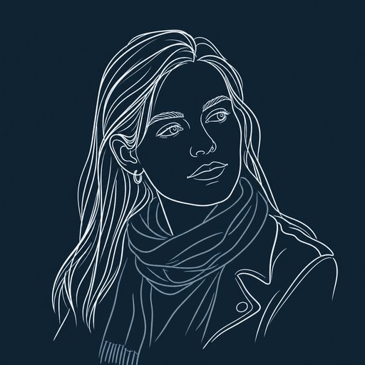 Illustrated portrait of Naomi Petrakis with long hair tucked behind one ear and a scarf