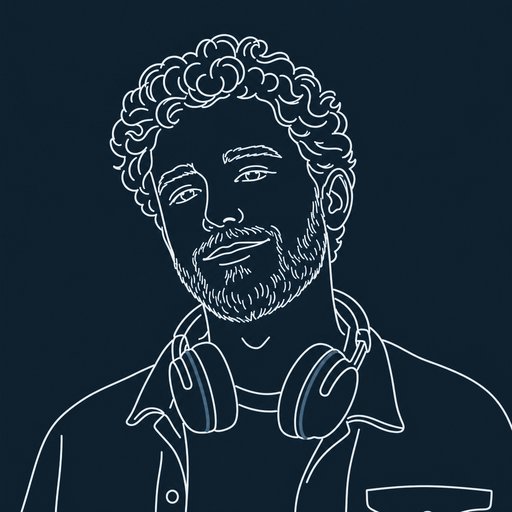 Illustrated portrait of Owen Bellamy with short curly hair and a beard, headphones around his neck