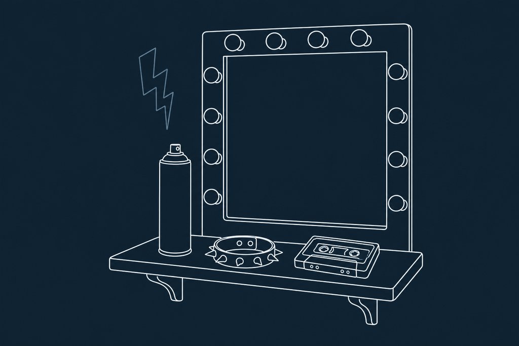 Line drawing of a can of hairspray, a spiked wristband and a cassette tape on a dressing-room shelf