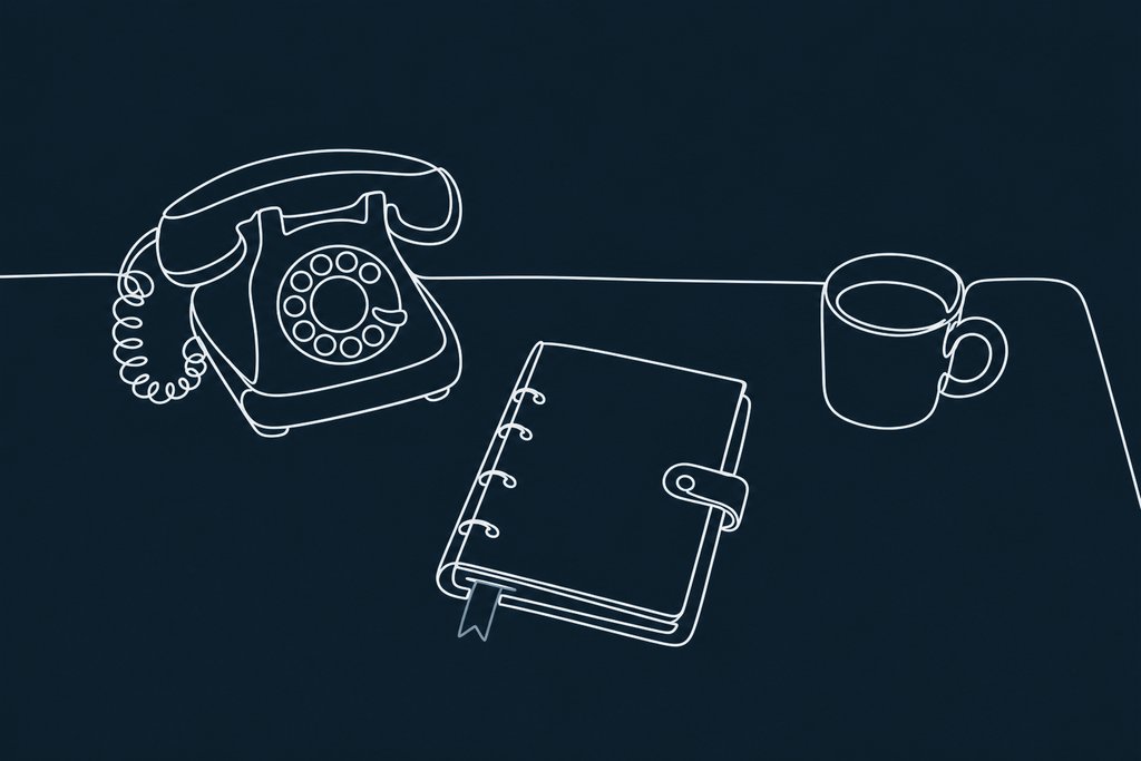 Line drawing of an office desk with a rotary telephone, a paper diary and a coffee mug seen from above