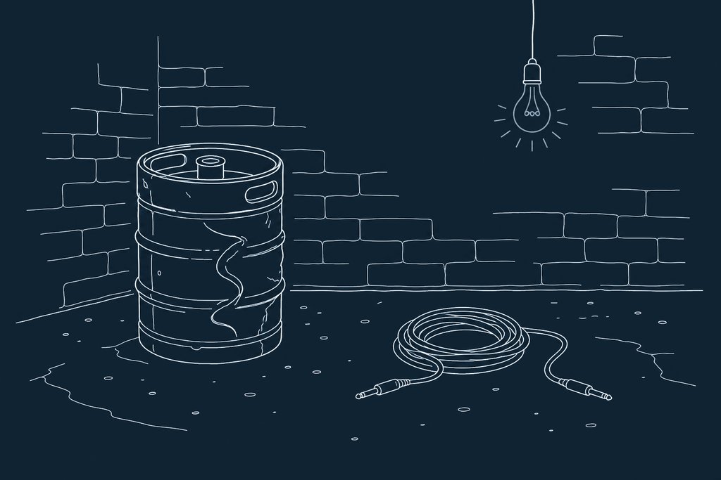 Line drawing of a dented steel beer keg and a coiled guitar cable on a concrete floor under one bare bulb