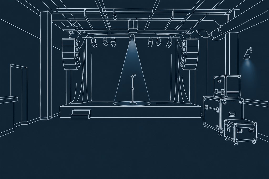Line drawing of an empty club stage with a single microphone stand under one light