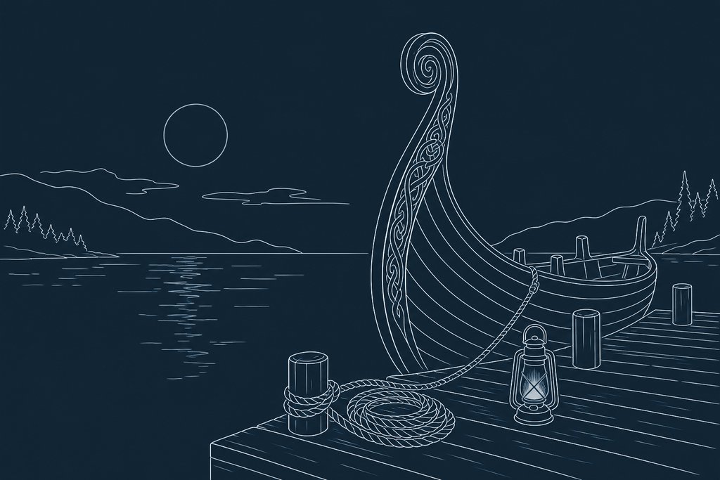 Line drawing of a clinker-built longship prow against a night sky, moored beside a wooden pier
