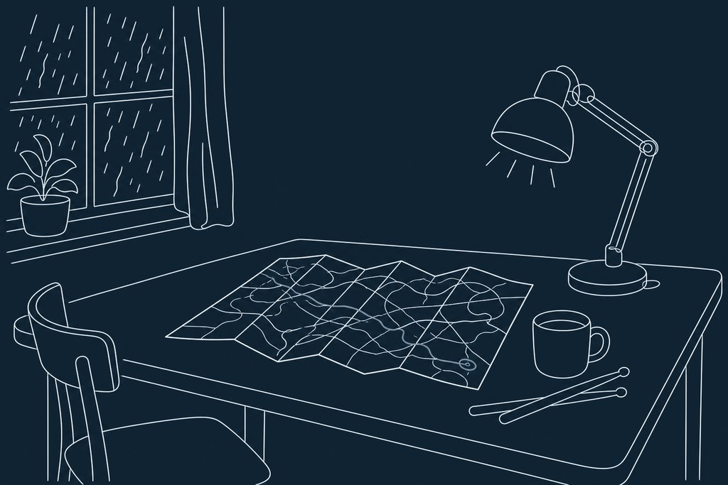 Line drawing of a paper map laid on a table beside a mug and a pair of drumsticks under a desk lamp