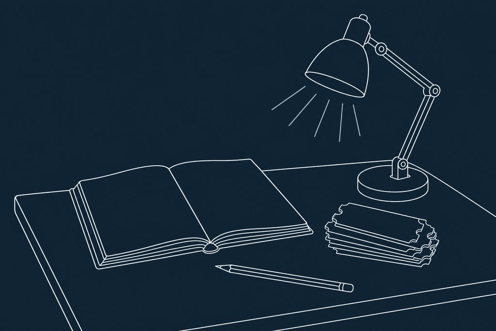 Line drawing of an open ledger on a desk beside loose blank ticket stubs, a pencil and a desk lamp