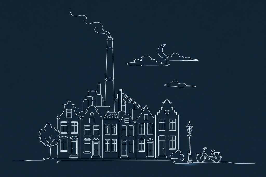 Line drawing of a steel-mill chimney and a row of narrow brick houses under a night sky