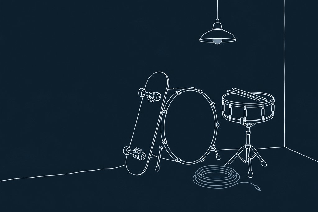 Line drawing of a skateboard deck leaning against a drum kit in a small empty club