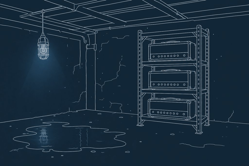 Line drawing of three amplifier heads on a steel shelf in a low basement room lit by one caged work light