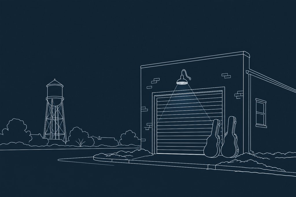 Line drawing of a small-town water tower and one street lamp beside a garage door with two guitar cases leaning on it