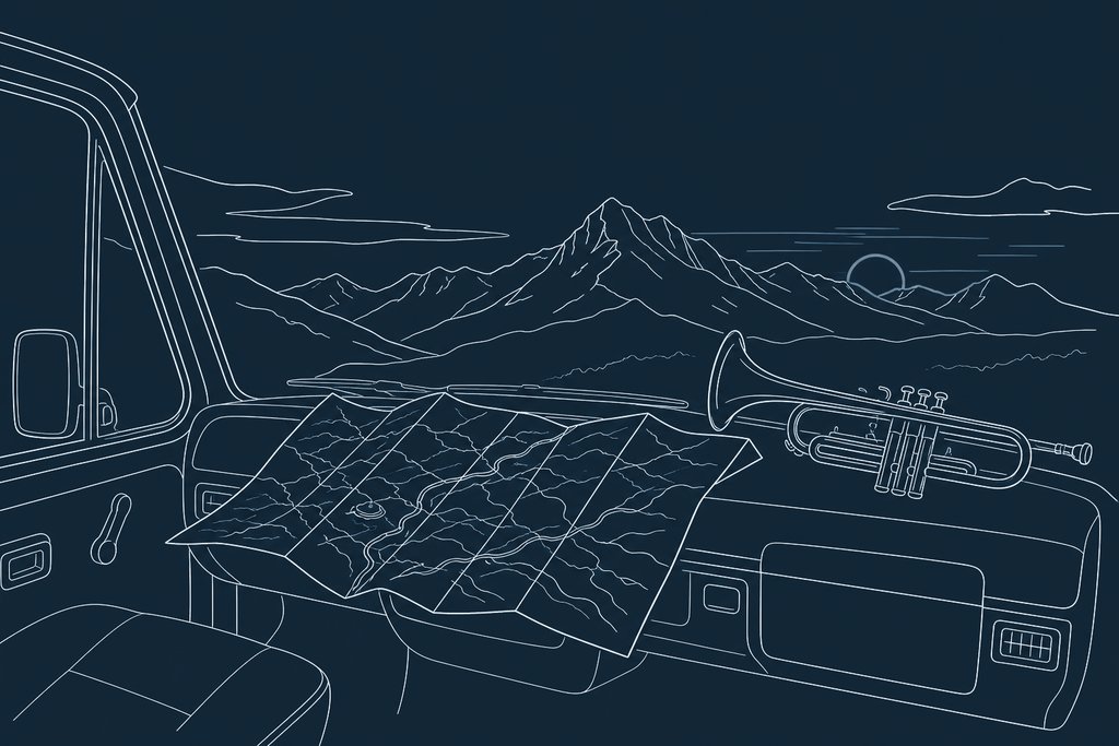 Line drawing of an unfolded road map across a van dashboard with a trumpet against the windscreen