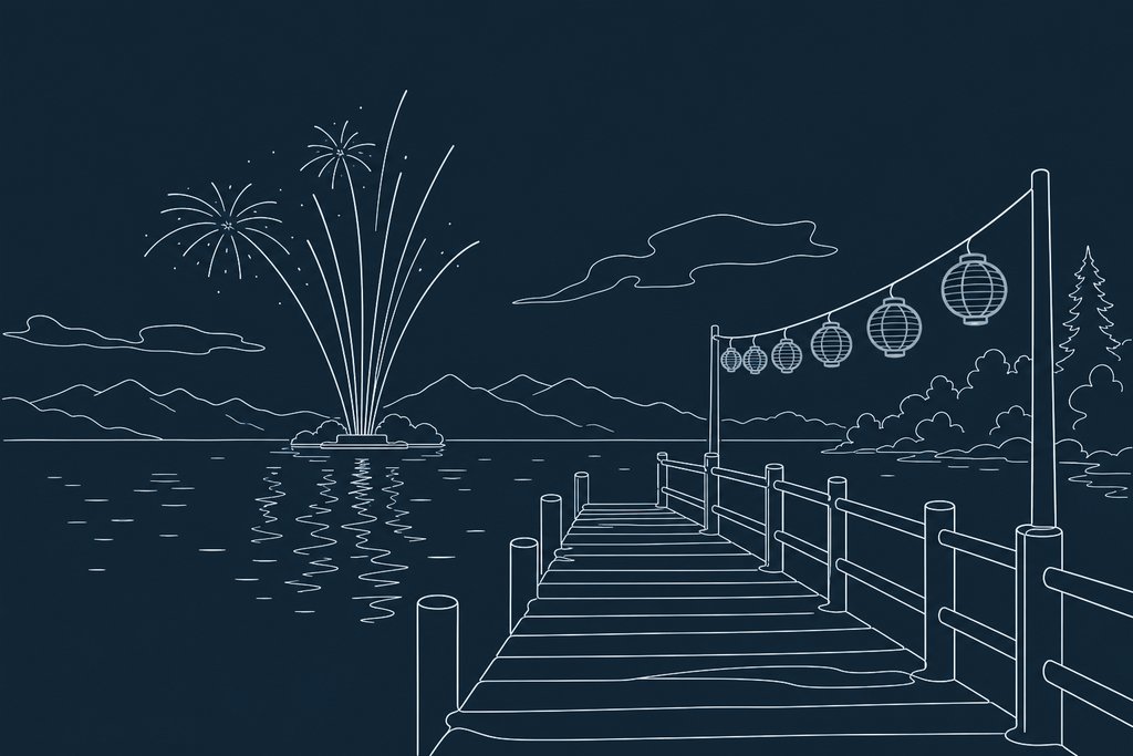 Line drawing of a harbour pier at night with a fireworks barge silhouette and a string of lanterns along the rail