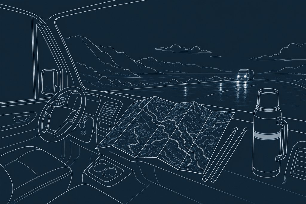 Line drawing of a road map spread over a van dashboard beside a thermos and two drumsticks