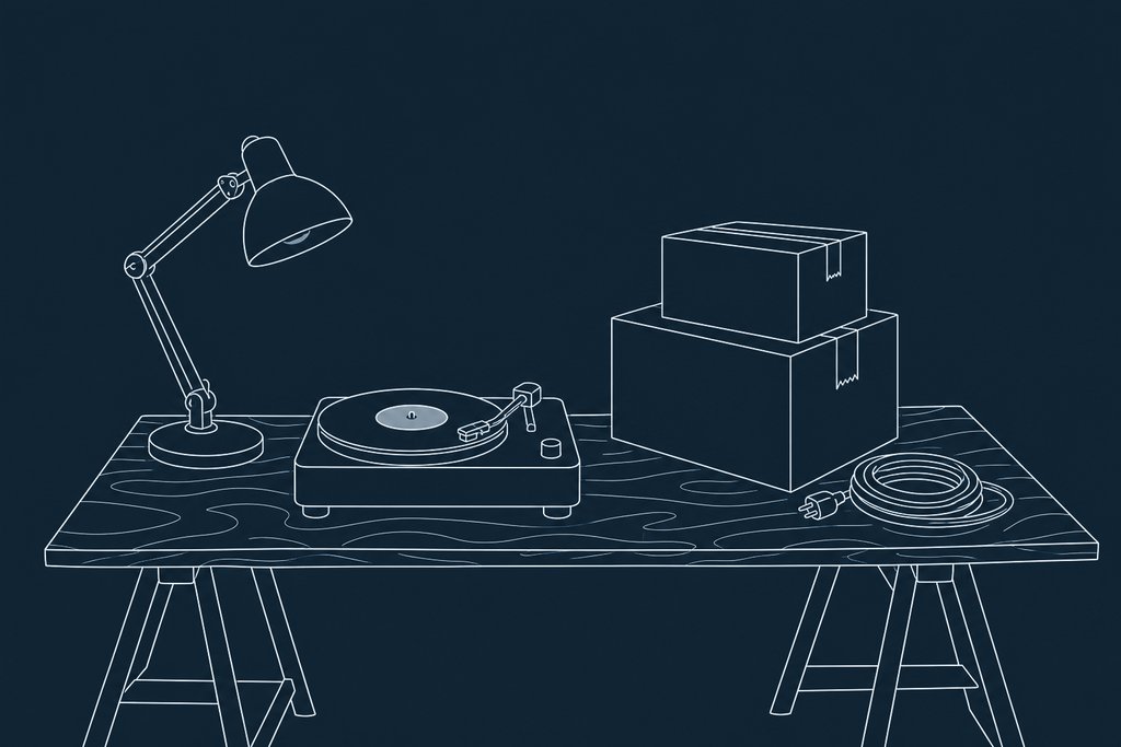 Line drawing of a seven-inch record on a turntable beside taped merchandise boxes under a desk lamp