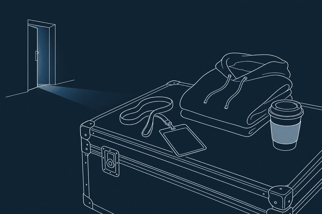 Line drawing of a laminated backstage pass on a lanyard lying on a flight case beside a folded hoodie