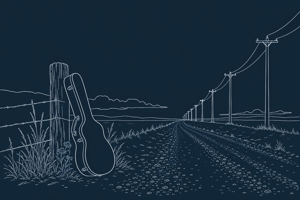 Line drawing of an acoustic guitar case leaning against a fence post beside a gravel road and a row of telegraph poles