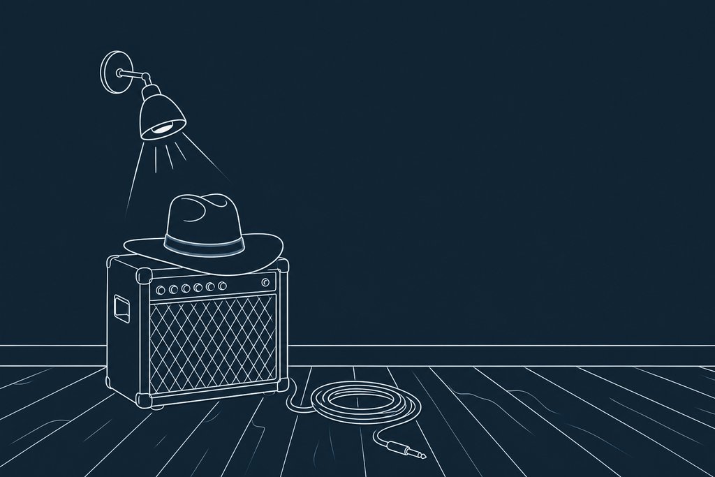 Line drawing of a wide-brimmed hat resting on a guitar amplifier beside a wall-mounted spotlight and a coil of cable