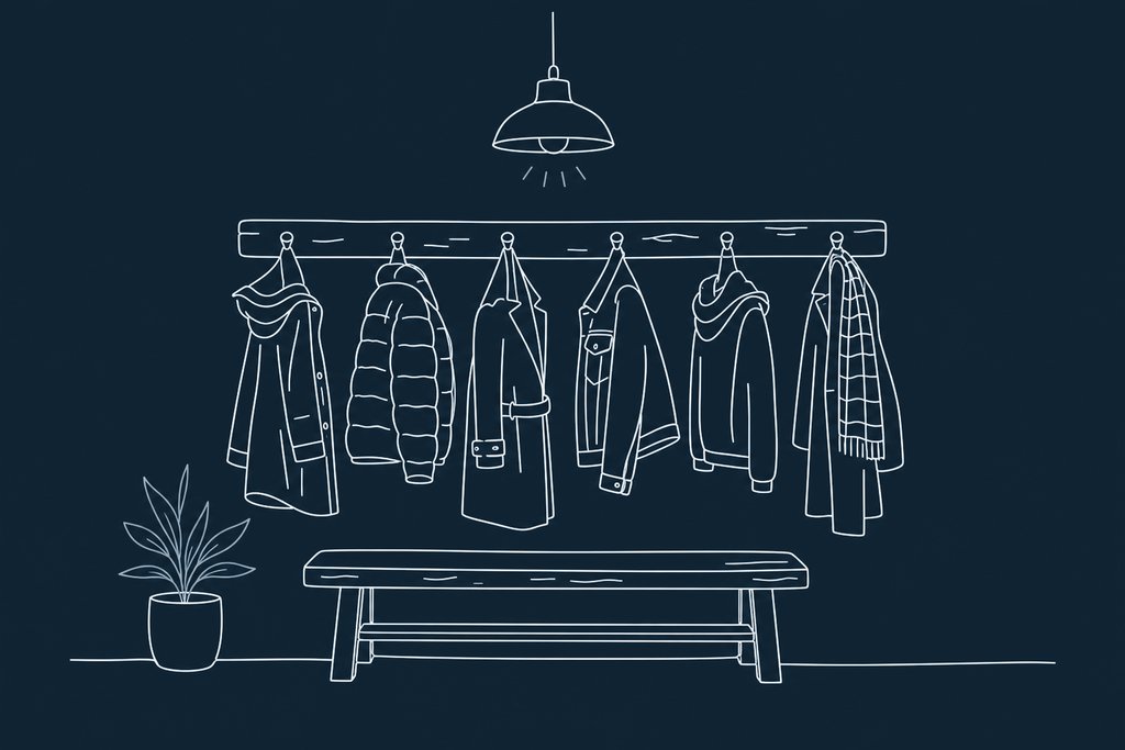 Line drawing of a row of wooden coat hooks on a brick wall, each holding a different jacket under one lamp