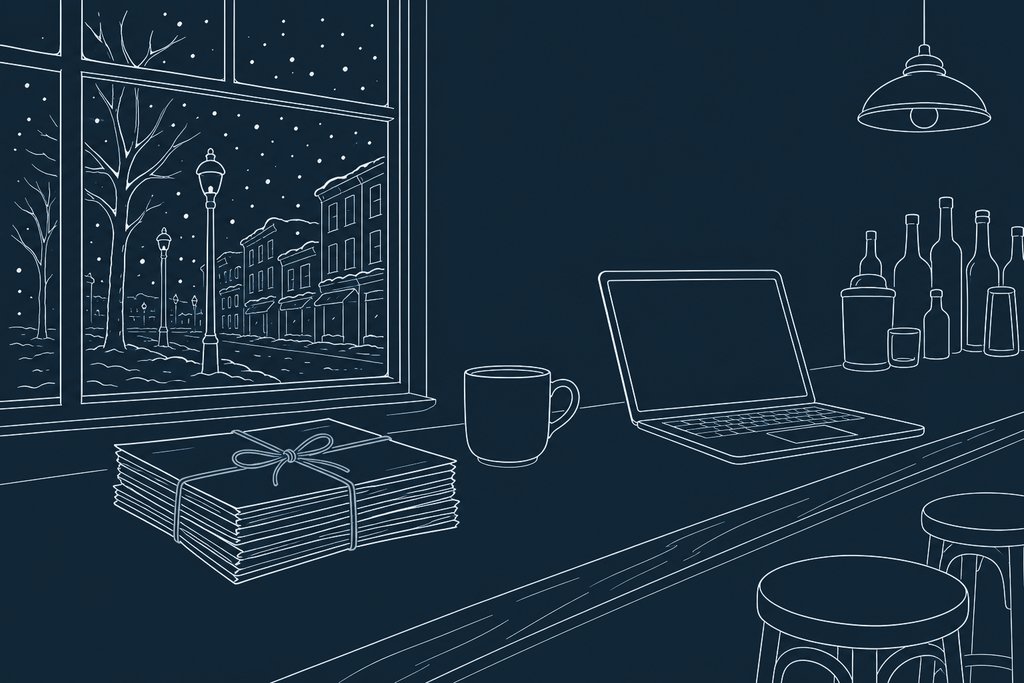 Line drawing of a bundle of paper flyers tied with string on a bar counter beside a mug and a window onto a snowy street