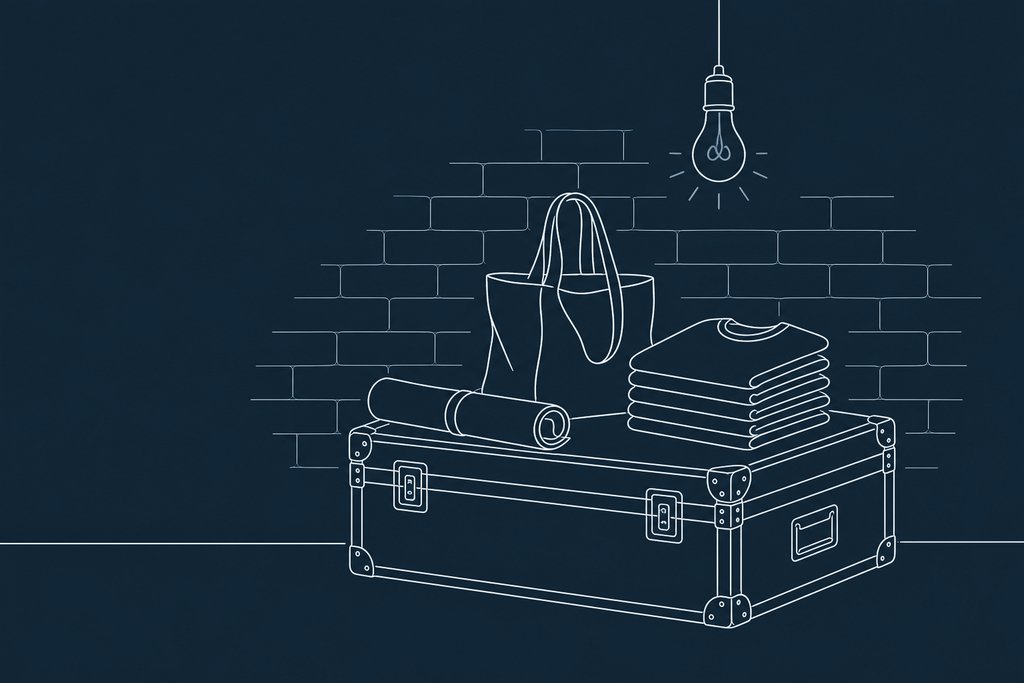 Line drawing of a rolled poster, a canvas tote bag and a stack of folded plain T-shirts on a road case under a bare bulb