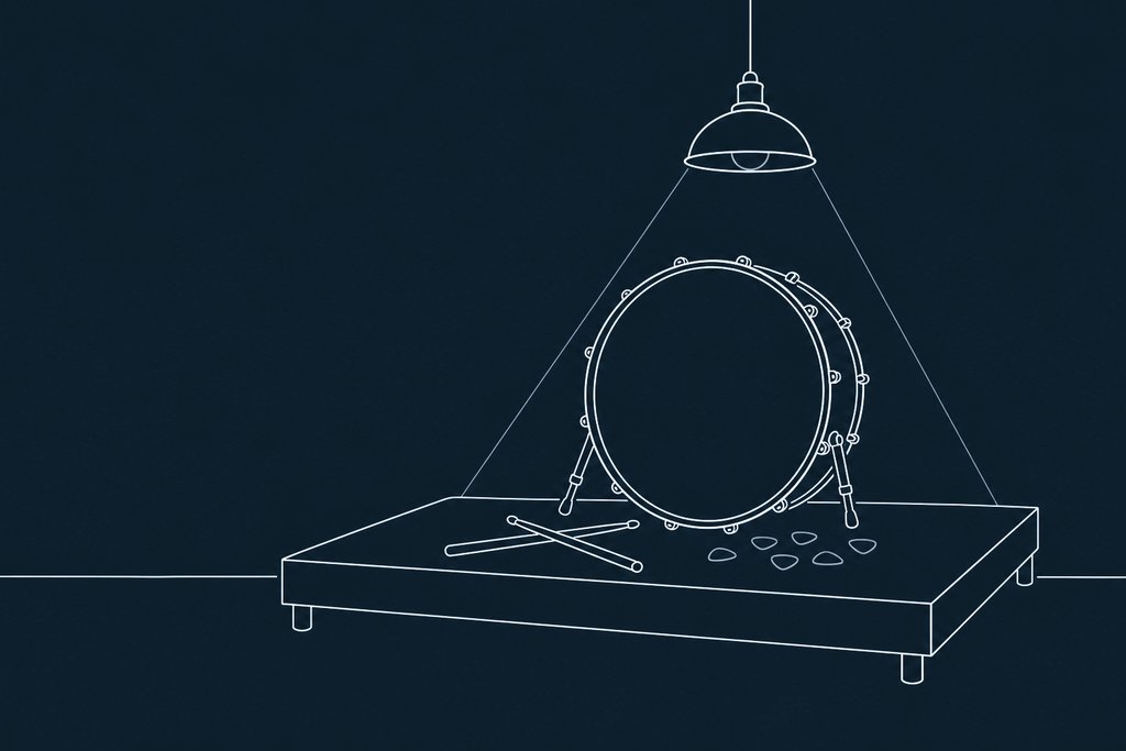 Line drawing of a bass drum head, a pair of drumsticks and a set of guitar picks scattered on a stage riser