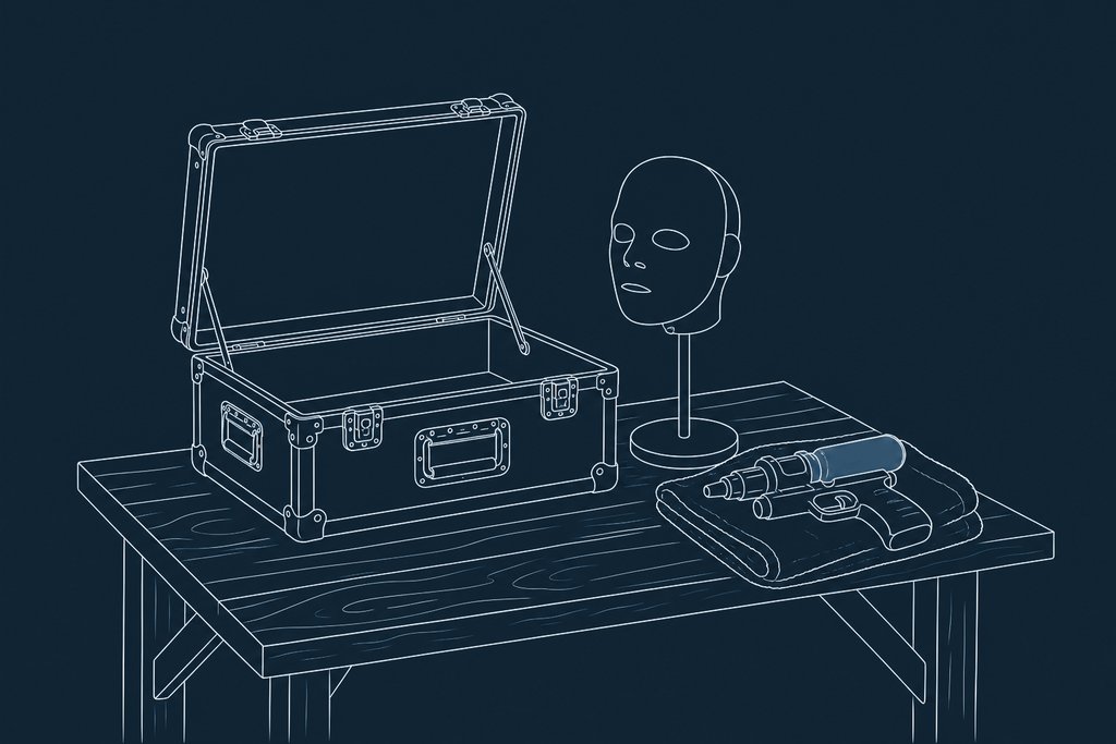 Line drawing of a rubber mask on a stand next to a water pistol and a small flight case