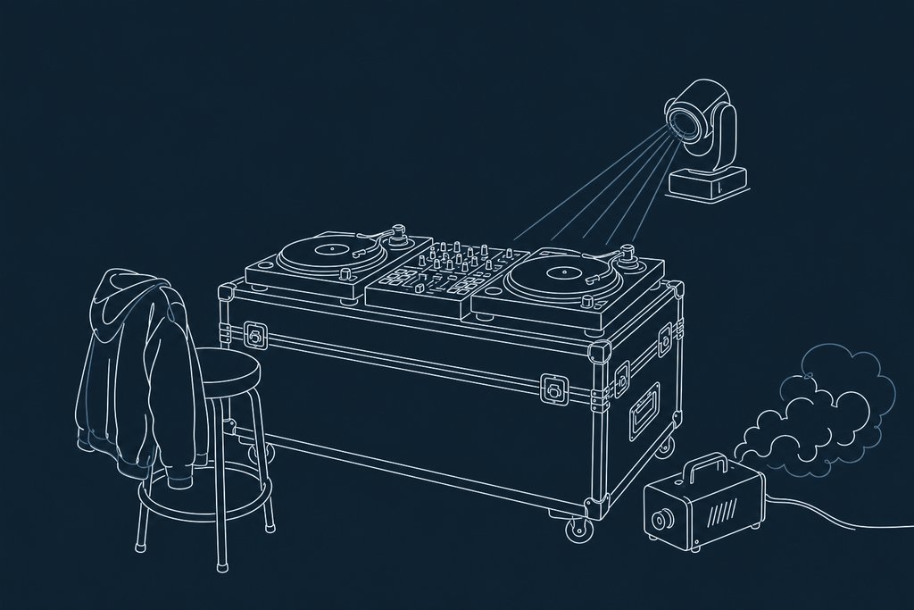 Line drawing of a laptop and two turntables on a road case in front of a dark, empty dance floor