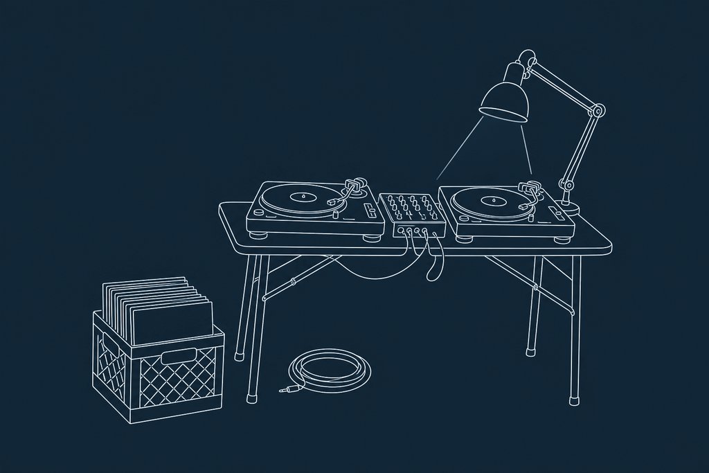 Line drawing of two turntables and a mixer on a folding table beside a record crate and a coiled cable