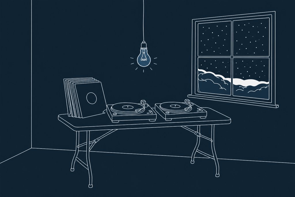Line drawing of a pair of turntables and a stack of records under a hanging lamp beside a frosted window