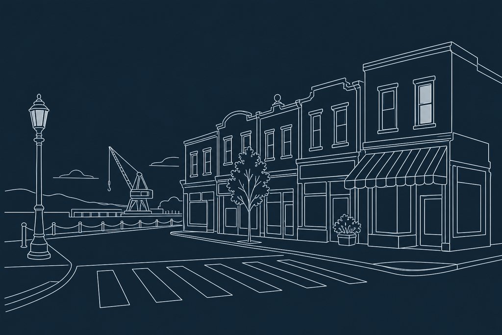 Line drawing of a city street at dusk with a row of narrow storefronts, a striped awning and a lamp post