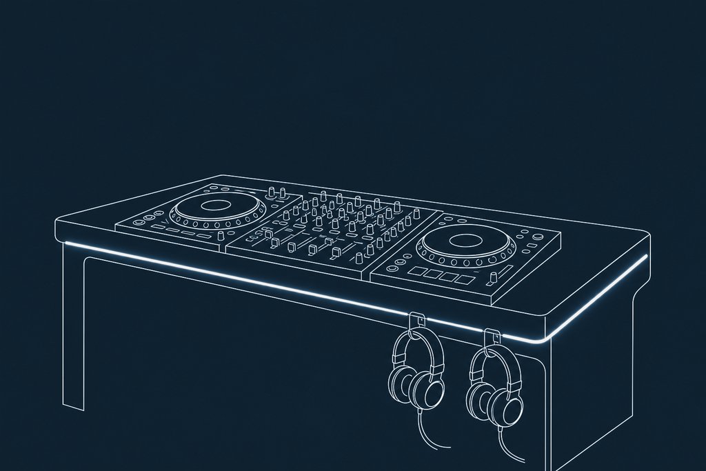 Line drawing of a DJ mixer with rows of knobs, two pairs of headphones on a hook and a glowing strip light
