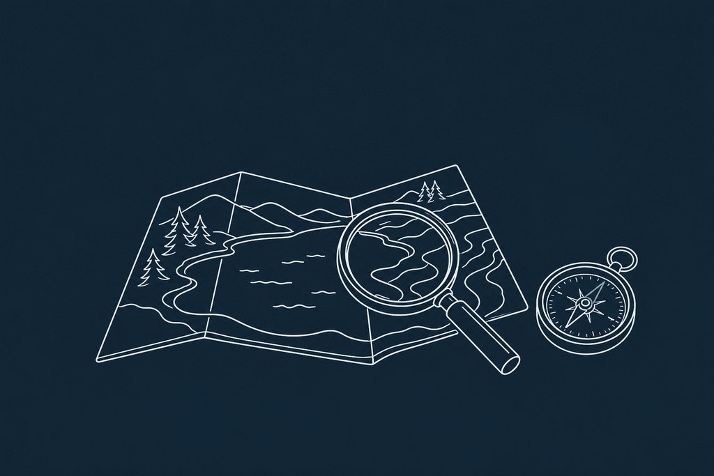 Line drawing of a magnifying glass resting on a folded paper map of a lake shore beside a compass