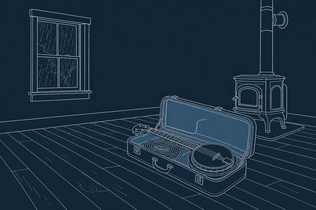 Line drawing of an open suitcase holding a banjo and a coil of cable on a wooden floor beside a stovepipe