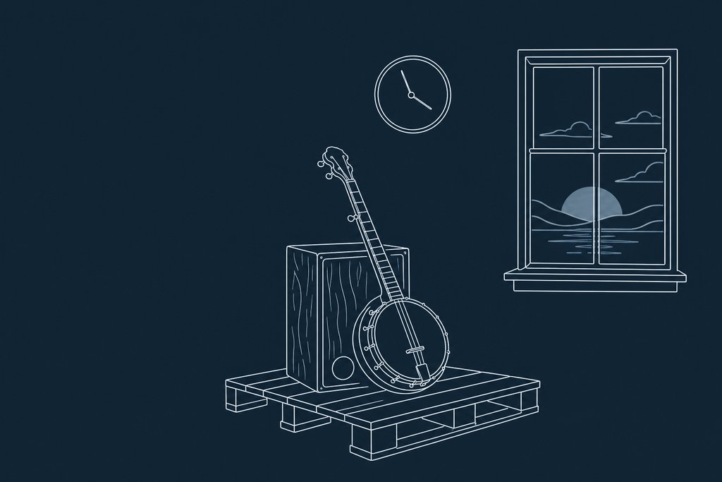 Line drawing of a banjo and a foot-stomp box on a wooden pallet in a dim room with a wall clock behind