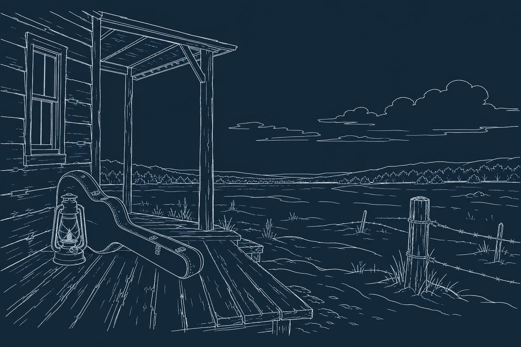 Line drawing of a timber farmhouse porch with a banjo case and a kerosene lantern on the boards