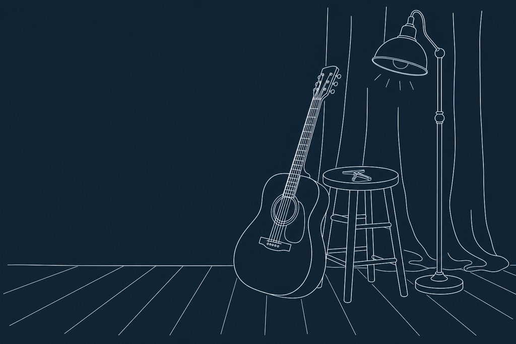 Line drawing of an acoustic guitar leaning on a stool beside a lit standing lamp