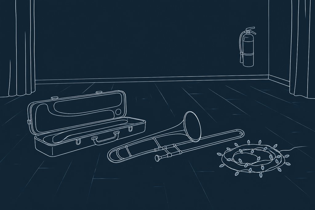 Line drawing of a brass horn case, a trombone and a coil of string lights on a bare stage floor