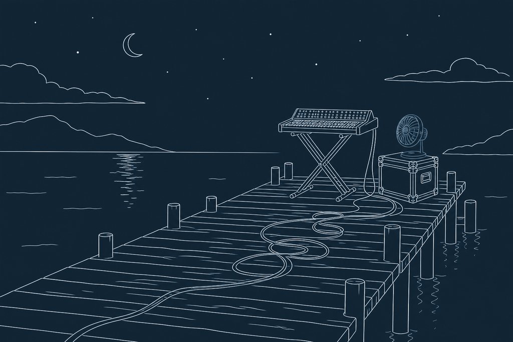 Line drawing of a synthesizer on an x-frame stand at the end of a wharf at night with a small desk fan beside it