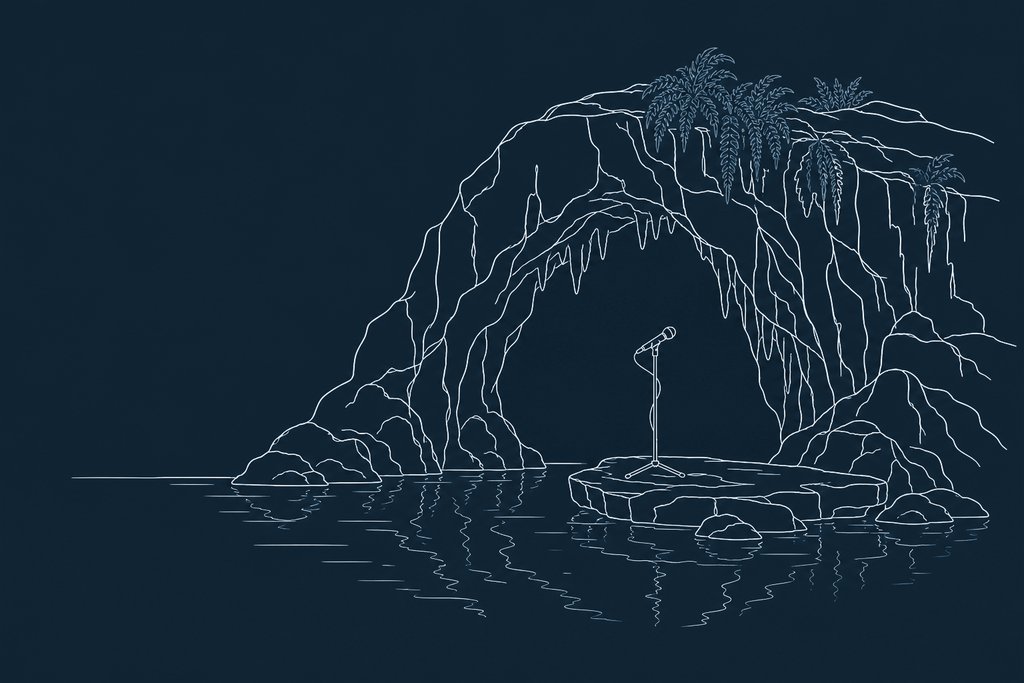 Line drawing of a limestone cave mouth with a single microphone stand on a flat rock inside