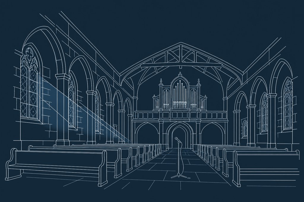 Line drawing of the inside of a church with rows of pews, an organ case at the far end and one microphone stand in the aisle