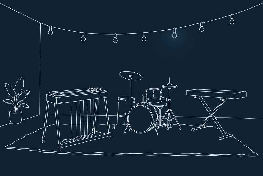 Line drawing of a pedal steel guitar on its legs beside a small drum kit under a string of bare bulbs