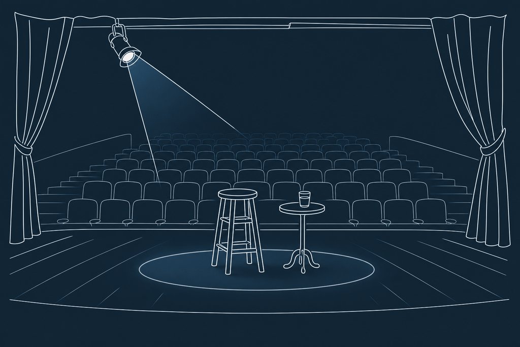 Line drawing of a wooden chair and a small table with a glass of water on a bare stage under one spotlight