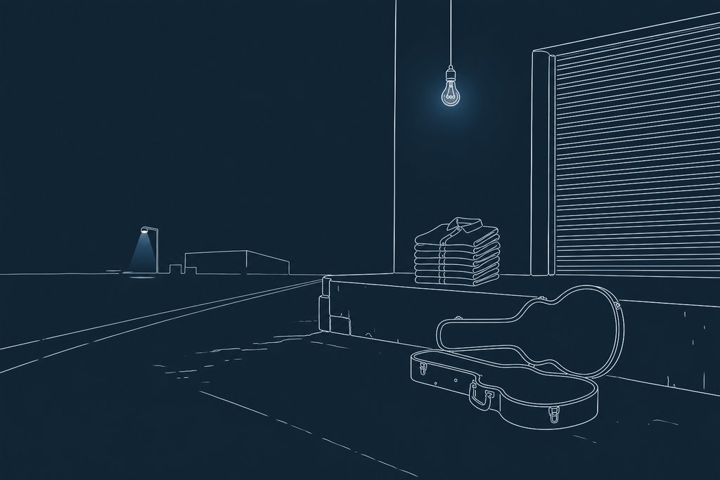 Line drawing of an open, empty guitar case on a loading dock beside folded shirts under one bare bulb