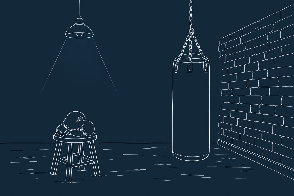 Line drawing of a heavy bag hanging in an empty gym beside a pair of gloves on a wooden stool