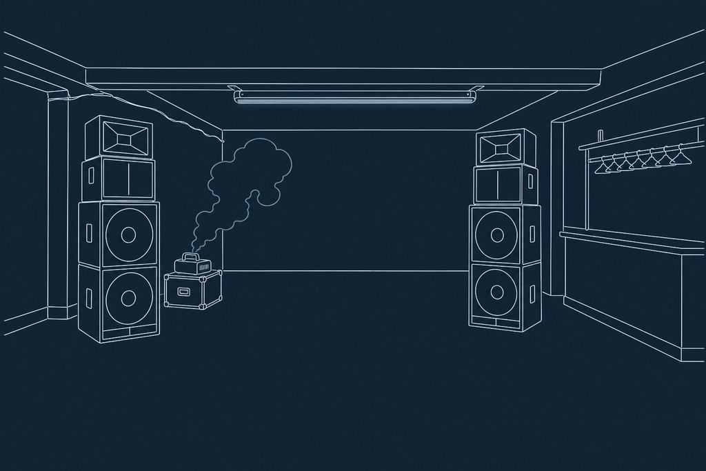 Line drawing of tall speaker stacks on an empty club floor with a haze machine and a strip light along the ceiling