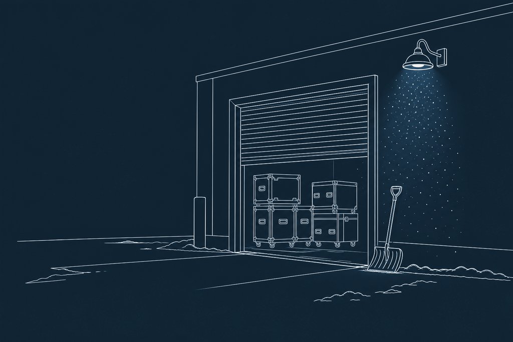 Line drawing of a half-open loading-bay door with flight cases stacked inside and snow falling through a lamp's glow