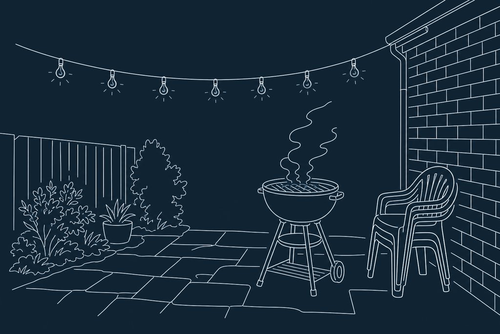 Line drawing of a wooden patio with a barbecue grill, a string of lamps and a brick wall behind it