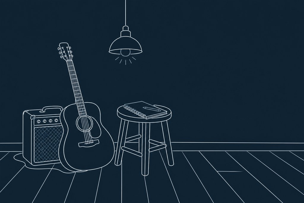 Line drawing of an acoustic guitar leaning on an amplifier beside a stool with a notebook, under one lamp