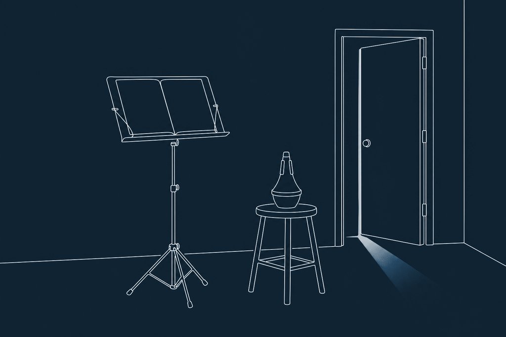 Line drawing of a folding music stand and a stool beside a rear stage door, with a trumpet mute on the seat