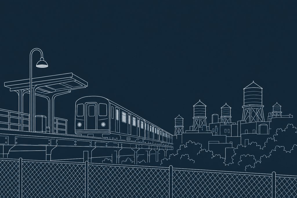 Line drawing of a subway train pulling out of an elevated station over a row of rooftop water tanks