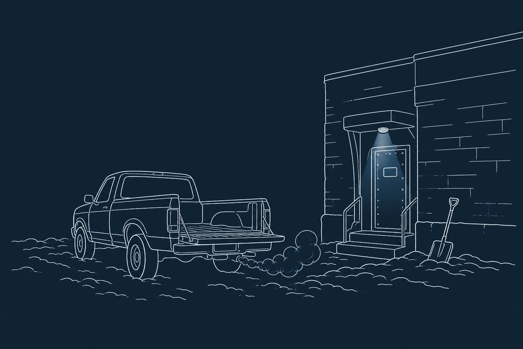 Line drawing of a snow-dusted street corner with a parked pickup truck and its tailgate down beside a club door